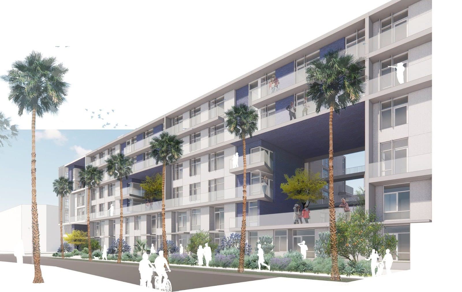 Architectural rendering of a modern mid-rise residential building on Treasure Island with palm-lined streets and landscaped pedestrian areas.
