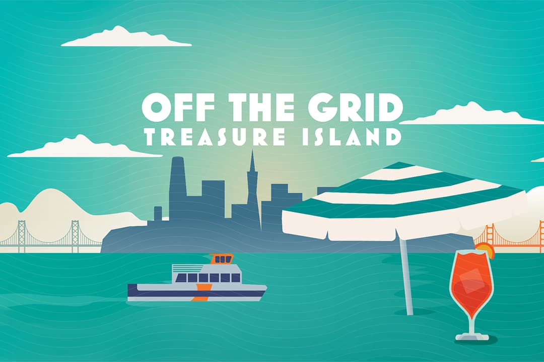 Illustration for Off the Grid Treasure Island featuring the San Francisco skyline, Bay Bridge, ferry, waterfront umbrella, and drink.