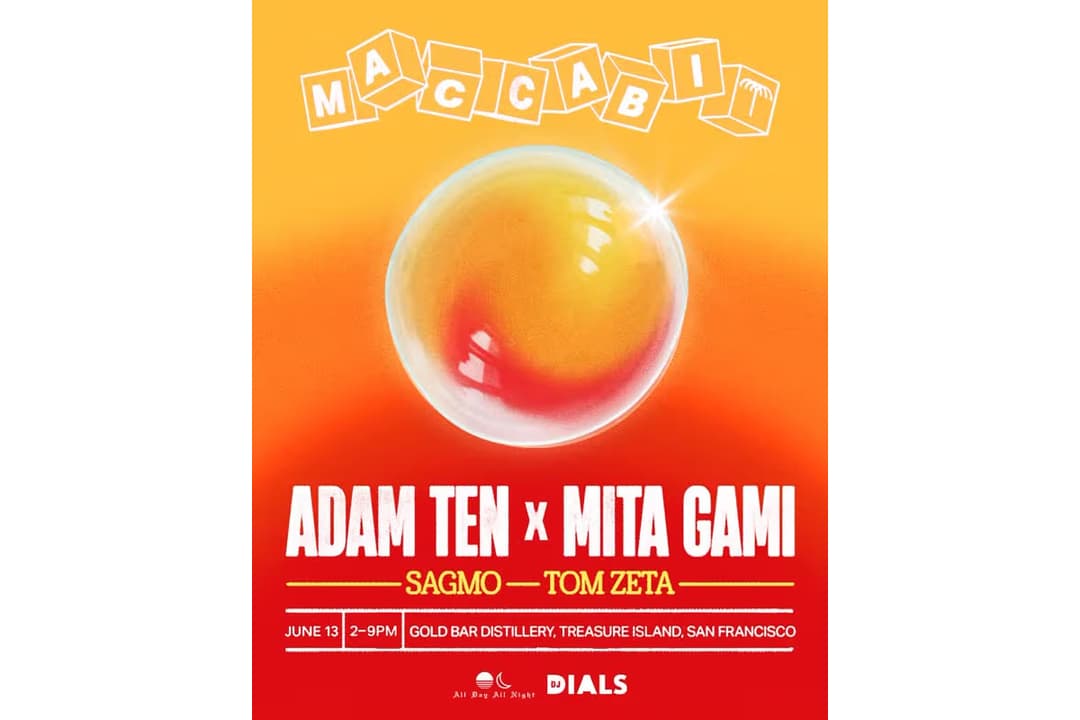 Event poster for Maccabi featuring Adam Ten x Mita Gami, with support from Sagmo and Tom Zeta, at Gold Bar Distillery on Treasure Island on June 13 from 2–9 PM.