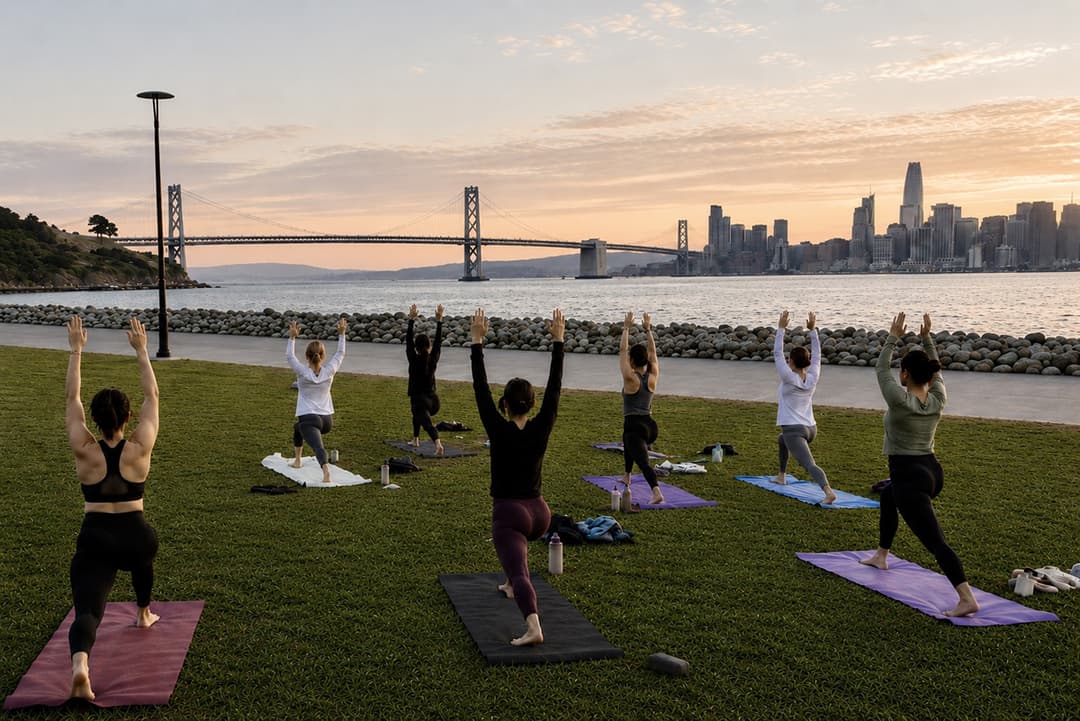 A group of people attending a sunset yoga class in Cityside Park with the bay bridge in the background.