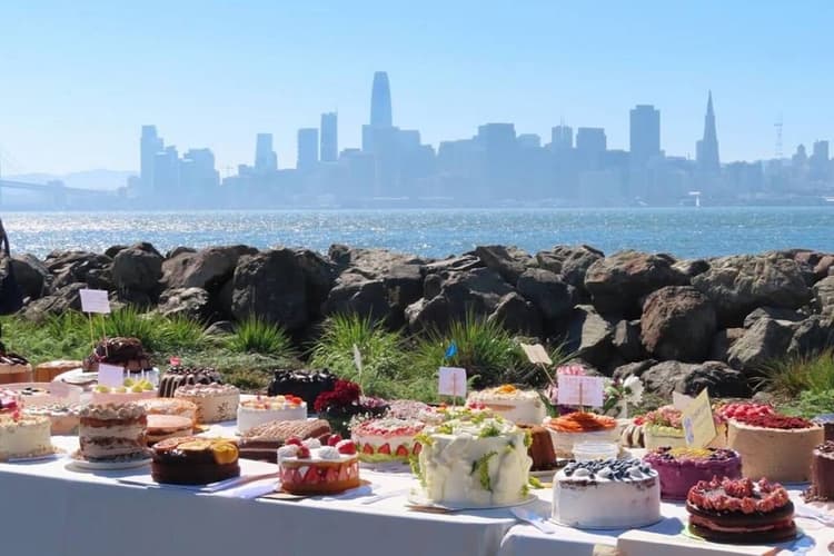 Assorted decorated cakes displayed on a waterfront table with the San Francisco skyline and bay in the background on a sunny day.